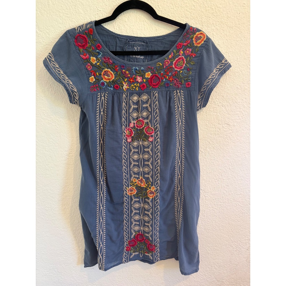 Johnny Was 3 Junior Workshop Blue Floral Embroidered Boho Dress Ladies  Small